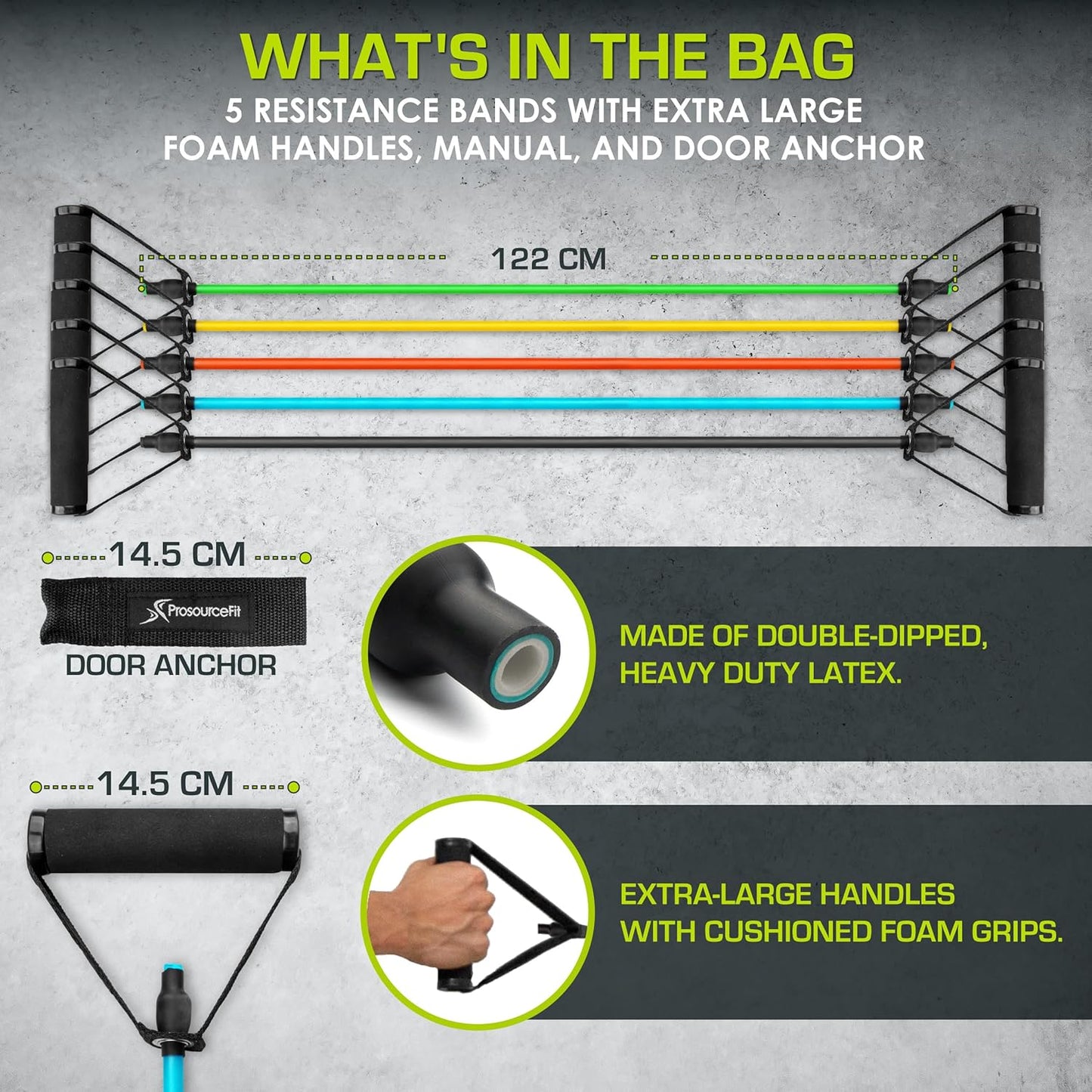 Single Stackable Resistance Bands with Door Anchor and Exercise Guide, 16-20 LB, Heavy Duty Fitness Tube for Full-Body Exercises and Home Workouts, Black